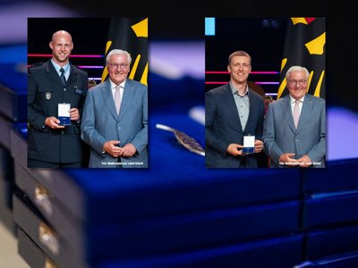 Bundespräsident Frank-Walter Steinmeier überreicht den Bob-Anschiebern Alexander Schüller (li.) und Thorsten Margis das Silberne Lorbeerblatt. Bundespräsident Frank-Walter Steinmeier überreicht den Bob-Anschiebern Alexander Schüller (li.) und Thorsten Margis das Silberne Lorbeerblatt.