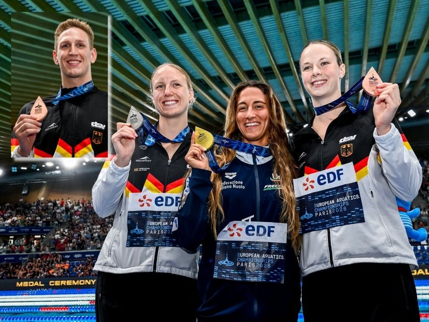 Das Bild zeigt die SCM-Athleten Isabel Gose, Maya Werner und Lukas Märtens